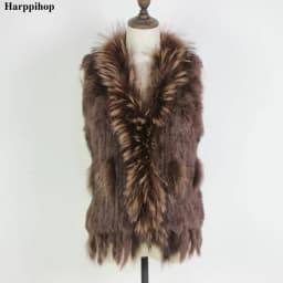Harppihop Free shipping womens natural real rabbit fur vest with raccoon fur collar waistcoat/jackets rex rabbit knitted winte