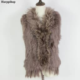 Harppihop Free shipping womens natural real rabbit fur vest with raccoon fur collar waistcoat/jackets rex rabbit knitted winte
