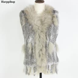 Harppihop Free shipping womens natural real rabbit fur vest with raccoon fur collar waistcoat/jackets rex rabbit knitted winte
