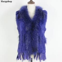 Harppihop Free shipping womens natural real rabbit fur vest with raccoon fur collar waistcoat/jackets rex rabbit knitted winte