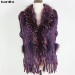 Harppihop Free shipping womens natural real rabbit fur vest with raccoon fur collar waistcoat/jackets rex rabbit knitted winte