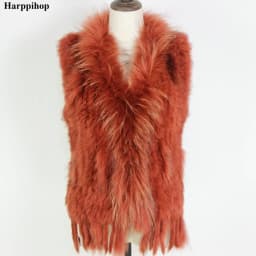 Harppihop Free shipping womens natural real rabbit fur vest with raccoon fur collar waistcoat/jackets rex rabbit knitted winte