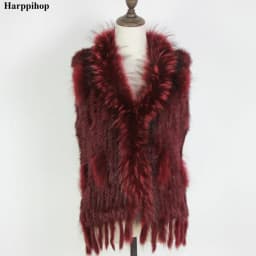 Harppihop Free shipping womens natural real rabbit fur vest with raccoon fur collar waistcoat/jackets rex rabbit knitted winte