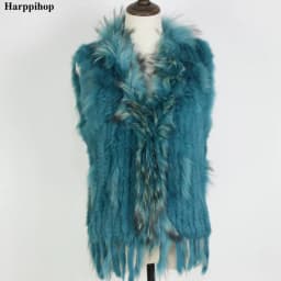 Harppihop Free shipping womens natural real rabbit fur vest with raccoon fur collar waistcoat/jackets rex rabbit knitted winte