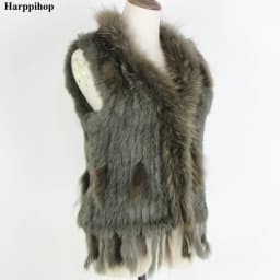 Harppihop Free shipping womens natural real rabbit fur vest with raccoon fur collar waistcoat/jackets rex rabbit knitted winte