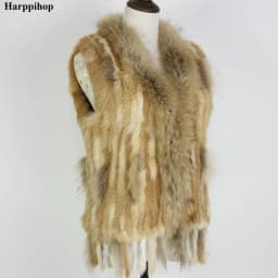 Harppihop Free shipping womens natural real rabbit fur vest with raccoon fur collar waistcoat/jackets rex rabbit knitted winte