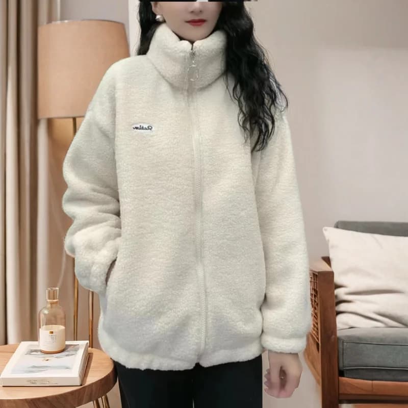 Women's Short Fleece Lined Thickened Woolen Coat Spring Autumn Winter Loose Fashionable Warm Cotton Jacket Top