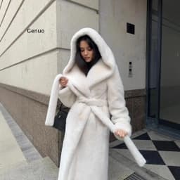 Women's Long Faux Mink Fur Coat Hooded Belted Artificial Fur Plush Thick Outerwear Warm and Stylish Oversize Lapel Jackets