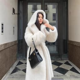 Women's Long Faux Mink Fur Coat Hooded Belted Artificial Fur Plush Thick Outerwear Warm and Stylish Oversize Lapel Jackets