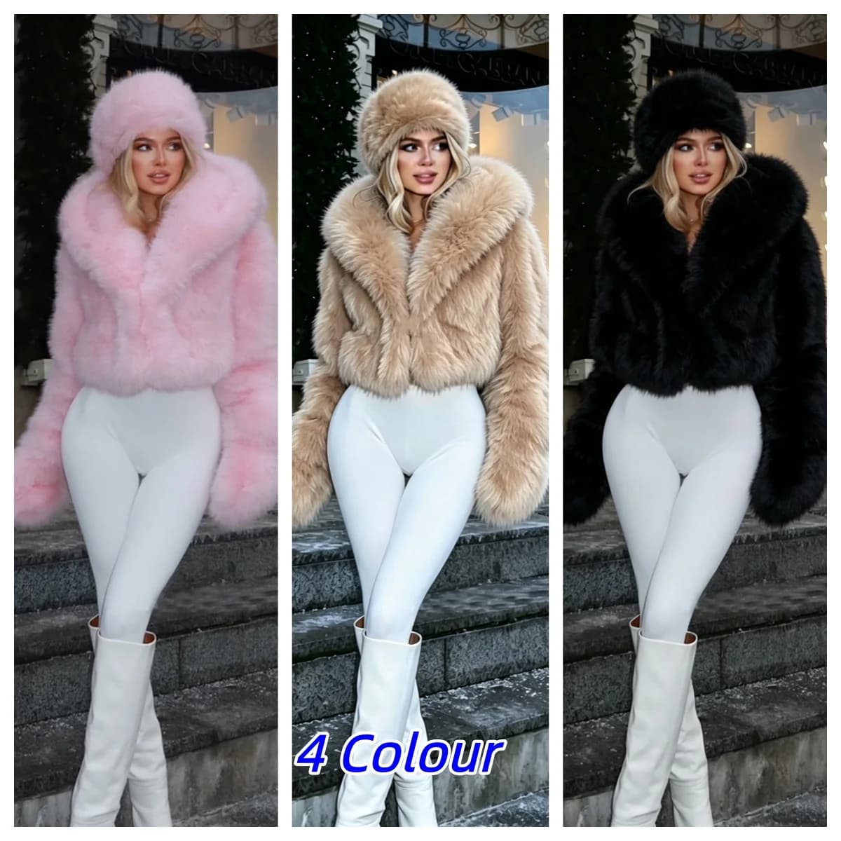Y2k Winter Pink Imitation Fur Coat Elegant Big Fur Trim Hood Women's Jacket Warm Plush Cropped Sweet Lady Faux Fur Coat  2026