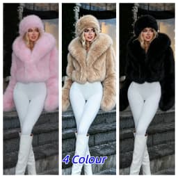Y2k Winter Pink Imitation Fur Coat Elegant Big Fur Trim Hood Women's Jacket Warm Plush Cropped Sweet Lady Faux Fur Coat  2026