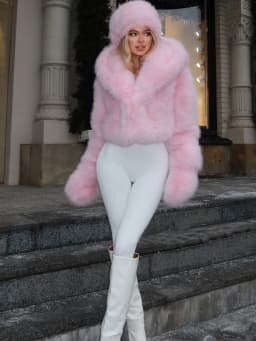 Y2k Winter Pink Imitation Fur Coat Elegant Big Fur Trim Hood Women's Jacket Warm Plush Cropped Sweet Lady Faux Fur Coat  2026