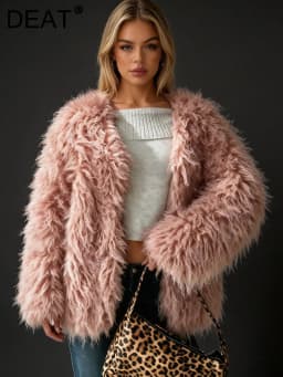 DEAT Fashion Fluffy Faux Fur Coat Women's Lapel Open Front Loose Fit Dark Brown Plush Jacket Winter New 7A6481