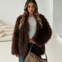 DEAT Fashion Fluffy Faux Fur Coat Women's Lapel Open Front Loose Fit Dark Brown Plush Jacket Winter New 7A6481