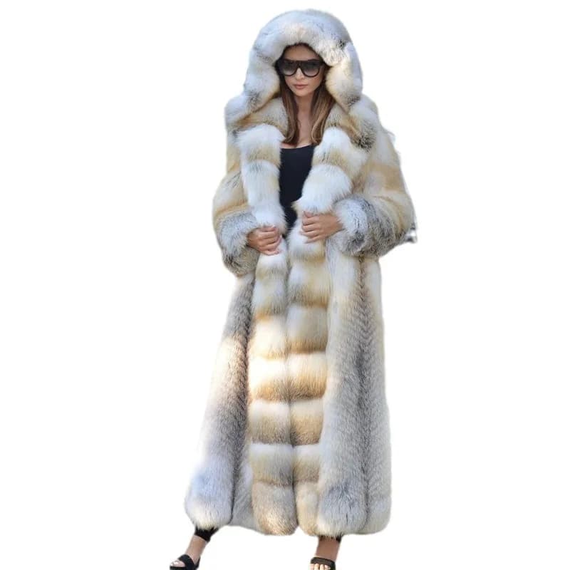 Women Faux Fur Jacket Long Coat Hooded Thick Fluffy Open Stitch Warm Outerwear 2025 Winter Female Shaggy Overcoat High Street