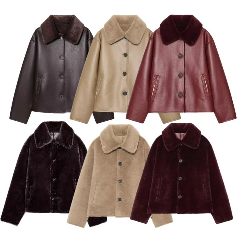 Women's Reversible Faux Leather Jacket, Faux Sherpa Coat, Lapel Button Up Outerwear, Loose Short Warm Winter Outwear, Streetwear