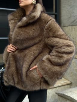 Women Wide Shawl Collar Faux Fur Mid-Length Coat, Hidden Hook Closure Oversized Fluffy, Premium Insulated Winter Warm Outerwear