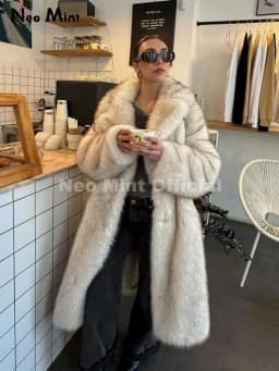 Neo Mint Street Style Long Eco Faux Fur Coats Women 2025 Winter Fluffy Gradient Fox Fur Jacket Brand Fashion Girls Overcoats
