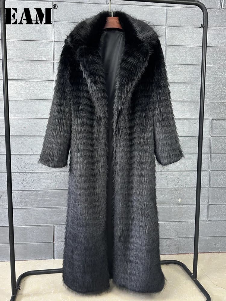 [EAM] Black Long Elegant Big Size Faux Fur Jacket New Lapel Long Sleeve Women Coat Fashion Tide Autumn Winter 2026 1DJ8886