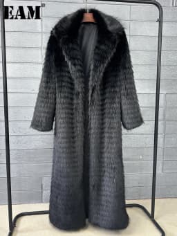 [EAM] Black Long Elegant Big Size Faux Fur Jacket New Lapel Long Sleeve Women Coat Fashion Tide Autumn Winter 2026 1DJ8886