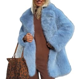 2025 New Mid Length Light Blue Faux Fur Coat Women Autumn Winter Eco Friendly Plush Fashion Temperament Top