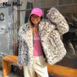 Neo Mint Vintage Classic Leopard Big Fur Collar Jacket Women Winter Brand Fashion Furry Faux Fox Fur Coats Chic Girls Streetwear