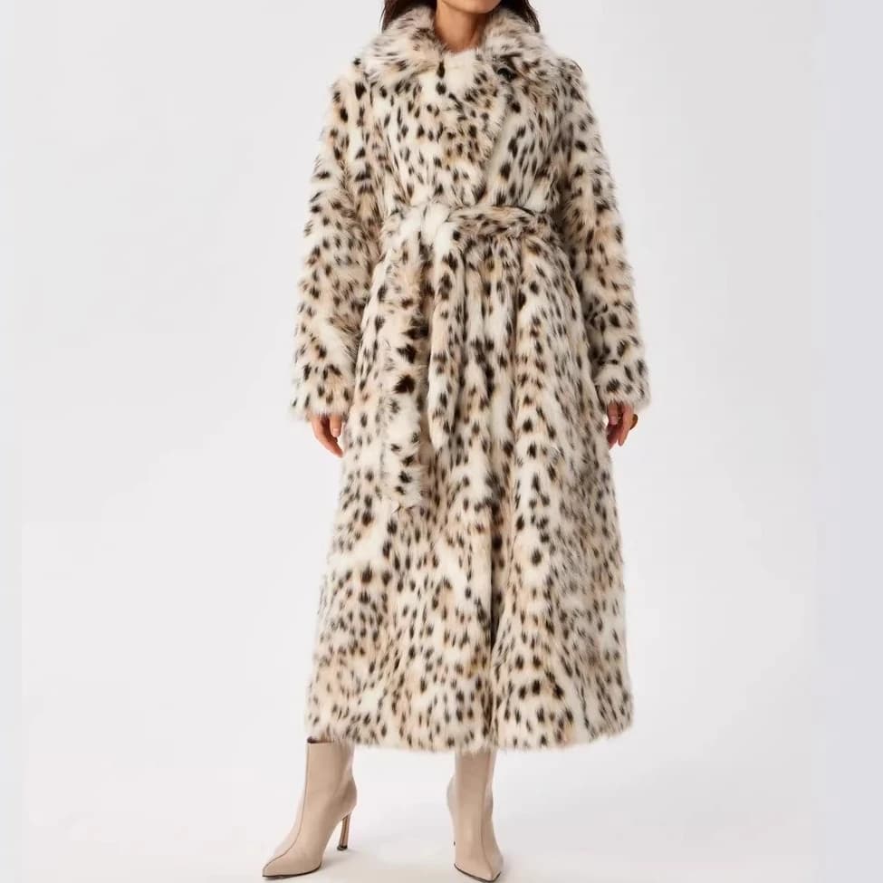 Women Faux Fur Long Coats Jackets Leopard Print Turn Down Collar Coat Thick Warm Y2k Streetwear Jacket Lace Up Autumn Winter