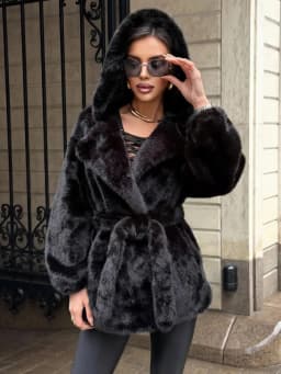 Faux Fur Jackets Women Hooded Coats Mid Length Coat Thick Warm Y2k Streetwear Jacket Elegant Work Belt Tight Waist Autumn Winter
