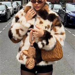 Women Faux Fur Coats Jackets Turn Down Collar Print Coat Thick Warm Y2k Streetwear Jacket Elegant Work Outerwear Autumn Winter