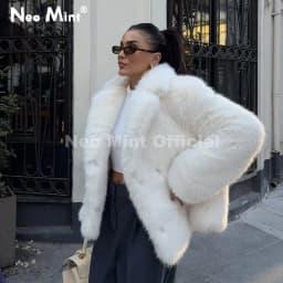 Neo Mint Chic Street Hot Girls 2025 Winter Pure White Faux Fur Jacket Women Fuzzy Lapel Collar Fox Fur Coat Thick Warm Outerwear