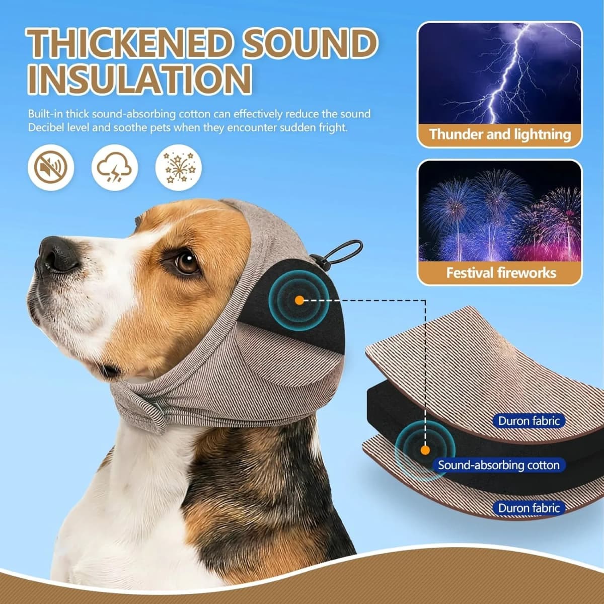 Dog calming cap, equipped with a 0.79 foam pad, designed for noise reduction and anxiety relief.