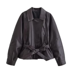 HH Women Fashion Black Short Faux Leather Trench Coat Long Sleeve Lapel Jacket With Belt Vintage Lady Motorcycle Jacket Outwear