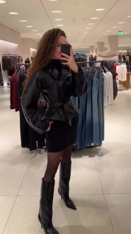 HH Women Fashion Black Short Faux Leather Trench Coat Long Sleeve Lapel Jacket With Belt Vintage Lady Motorcycle Jacket Outwear