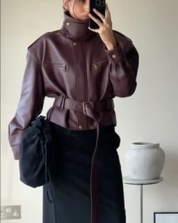 Solid Burgundy Waist Cinching Jacket Women Fashion Lace Up Stand Collar Zipper Bucket Short Jackets 2025 Lady High Street Coat