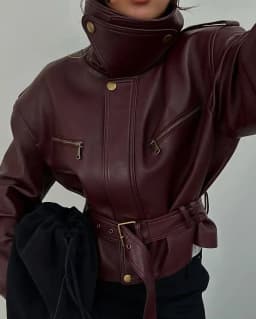 Solid Burgundy Waist Cinching Jacket Women Fashion Lace Up Stand Collar Zipper Bucket Short Jackets 2025 Lady High Street Coat