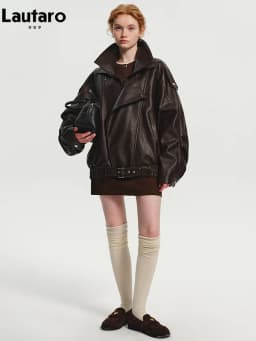 Lautaro Spring Autumn Cool Brown Oversized Pu Leather Jacket Women Long Sleeve Zip Up Luxury Designer American Retro Clothing