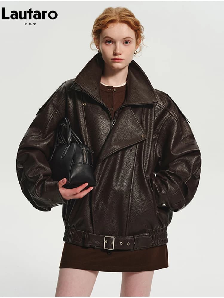 Lautaro Spring Autumn Cool Brown Oversized Pu Leather Jacket Women Long Sleeve Zip Up Luxury Designer American Retro Clothing