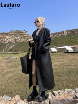 Lautaro Spring Autumn Extra Long Black Loose Pu Leather Trench Coat for Women Shoulder Pads Double Breasted Faux Leather Blazer
