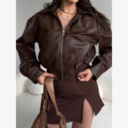Vintage Solid Waist Cinching Leather Jacket Women Fashion Stand Collar Full Sleeve Zipper Buckle Coat 2026 Lady Street Outerwear