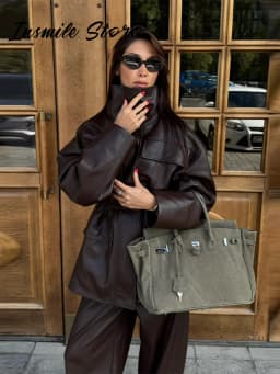 Street Waist Cinched Women's Leather Jacket Vintage Drawstring Stand Neck Zipper Pocket Jackets 2026 Autumn Moto Biker Outwear