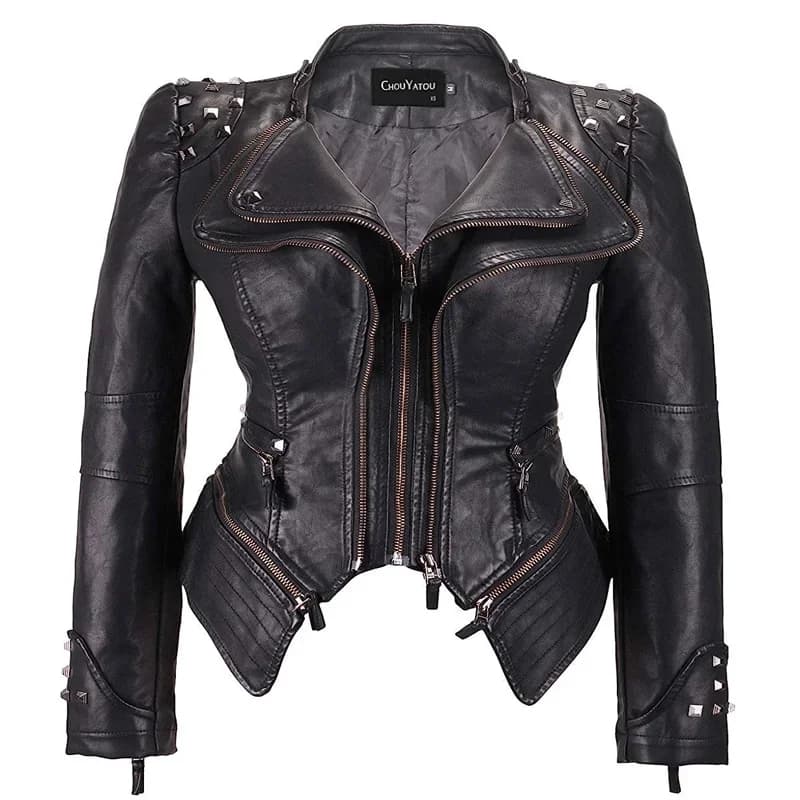 Spring New Style Suit Collar Rivet Waist Short Washed Pu Leather Jacket