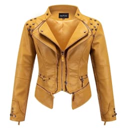 Spring New Style Suit Collar Rivet Waist Short Washed Pu Leather Jacket