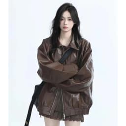 Retro Ladies Fashion Zipper Faux Leather Jacket Spring Autumn Women Long Sleeves Leather Coat 2025 Female PU Leather Outwear