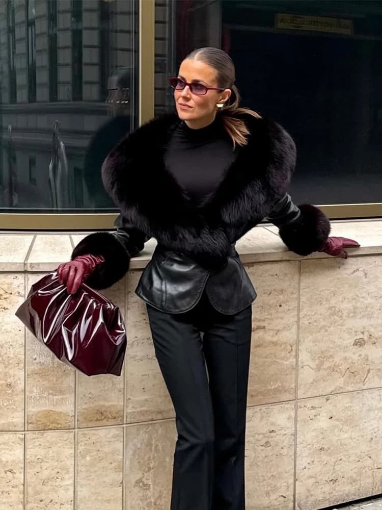 Black Faux Fur Collar Leather Jacket Elegant Lapel V-neck Waist Cinching Long-sleeved Short Coats Lady Winter Commute Coat 2026