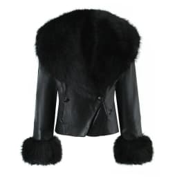 Black Faux Fur Collar Leather Jacket Elegant Lapel V-neck Waist Cinching Long-sleeved Short Coats Lady Winter Commute Coat 2026