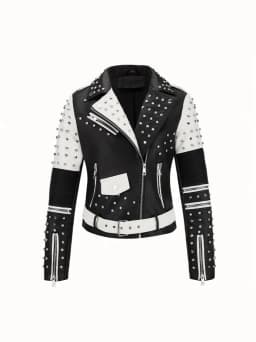 Luxury Studded Leather Jacket, Motorcycle Slim Fit Punk Rock Women's Diamond Zipper Multi-Pocket Jacket zipper Coat Outwea
