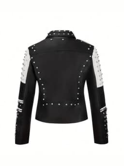 Luxury Studded Leather Jacket, Motorcycle Slim Fit Punk Rock Women's Diamond Zipper Multi-Pocket Jacket zipper Coat Outwea