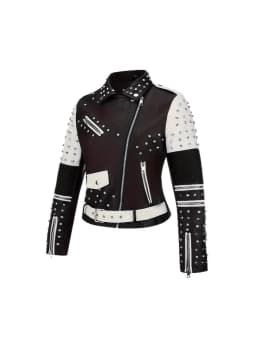 Luxury Studded Leather Jacket, Motorcycle Slim Fit Punk Rock Women's Diamond Zipper Multi-Pocket Jacket zipper Coat Outwea