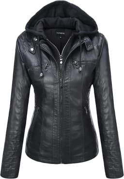 Hooded Leather Jacket Two-Piece Set Removable Large Size Leather Jacket for Women Spring Fall Outwear Women Pu Washed Leather