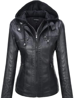 Hooded Leather Jacket Two-Piece Set Removable Large Size Leather Jacket for Women Spring Fall Outwear Women Pu Washed Leather
